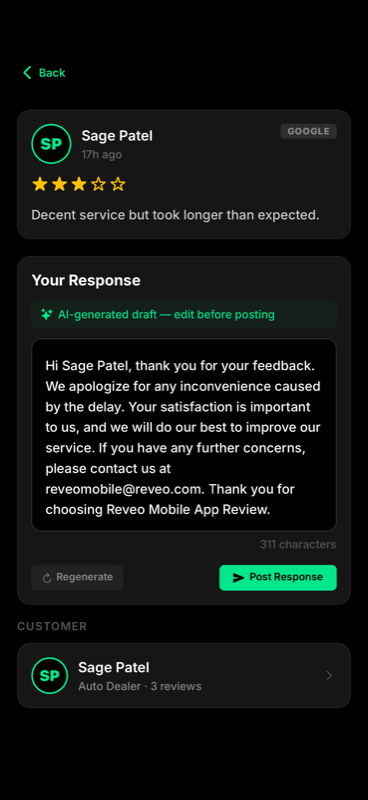 Reveo mobile app — AI-generated review response ready to edit and post