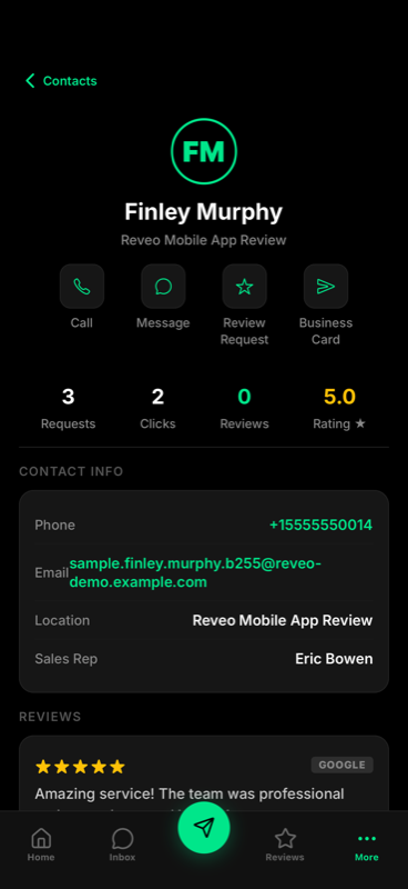 Reveo mobile app — customer contact profile with one-tap review request