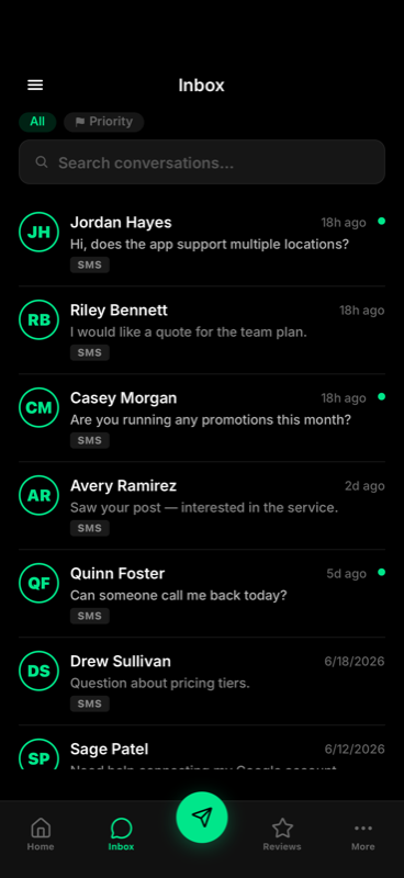 Reveo mobile app — unified inbox of customer conversations
