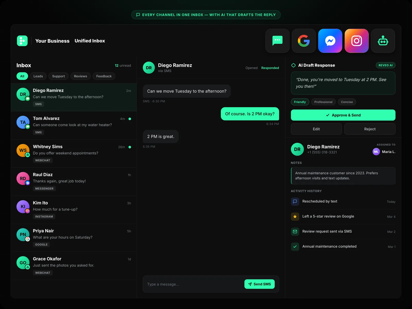 Reveo customer contact profile beside the conversation, with assigned team member, notes and activity history