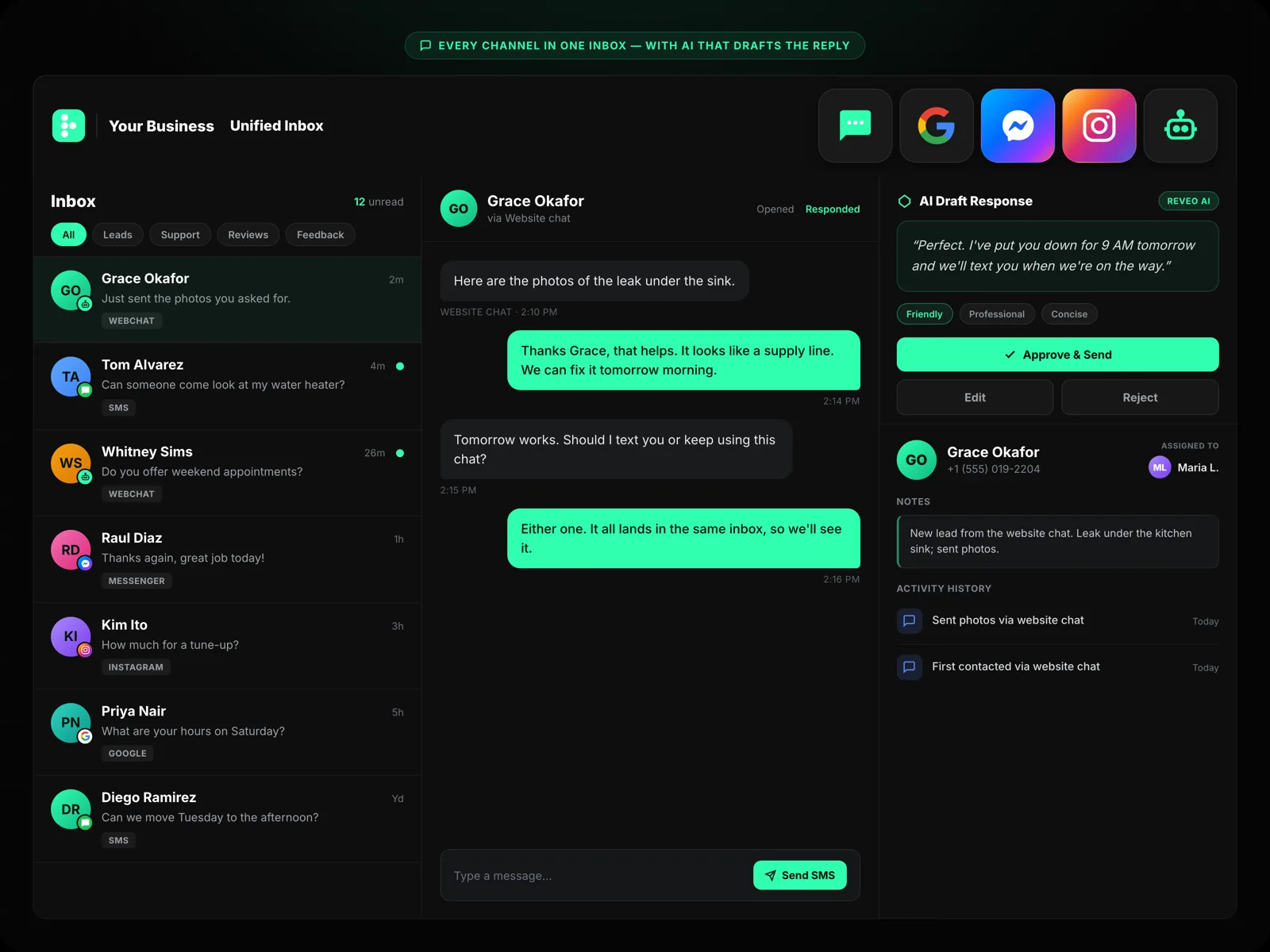 A website chat lead handled in the Reveo unified inbox alongside Google, Facebook, Instagram and SMS conversations