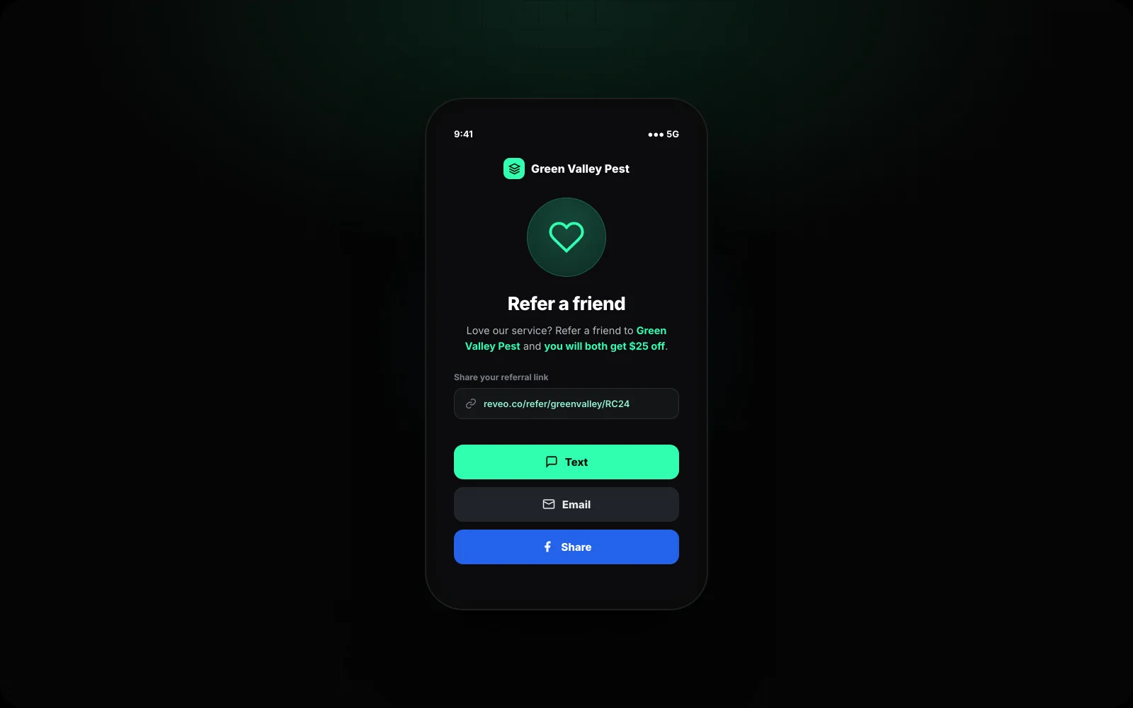 The branded referral invite a customer shares — Text, Email, or Share