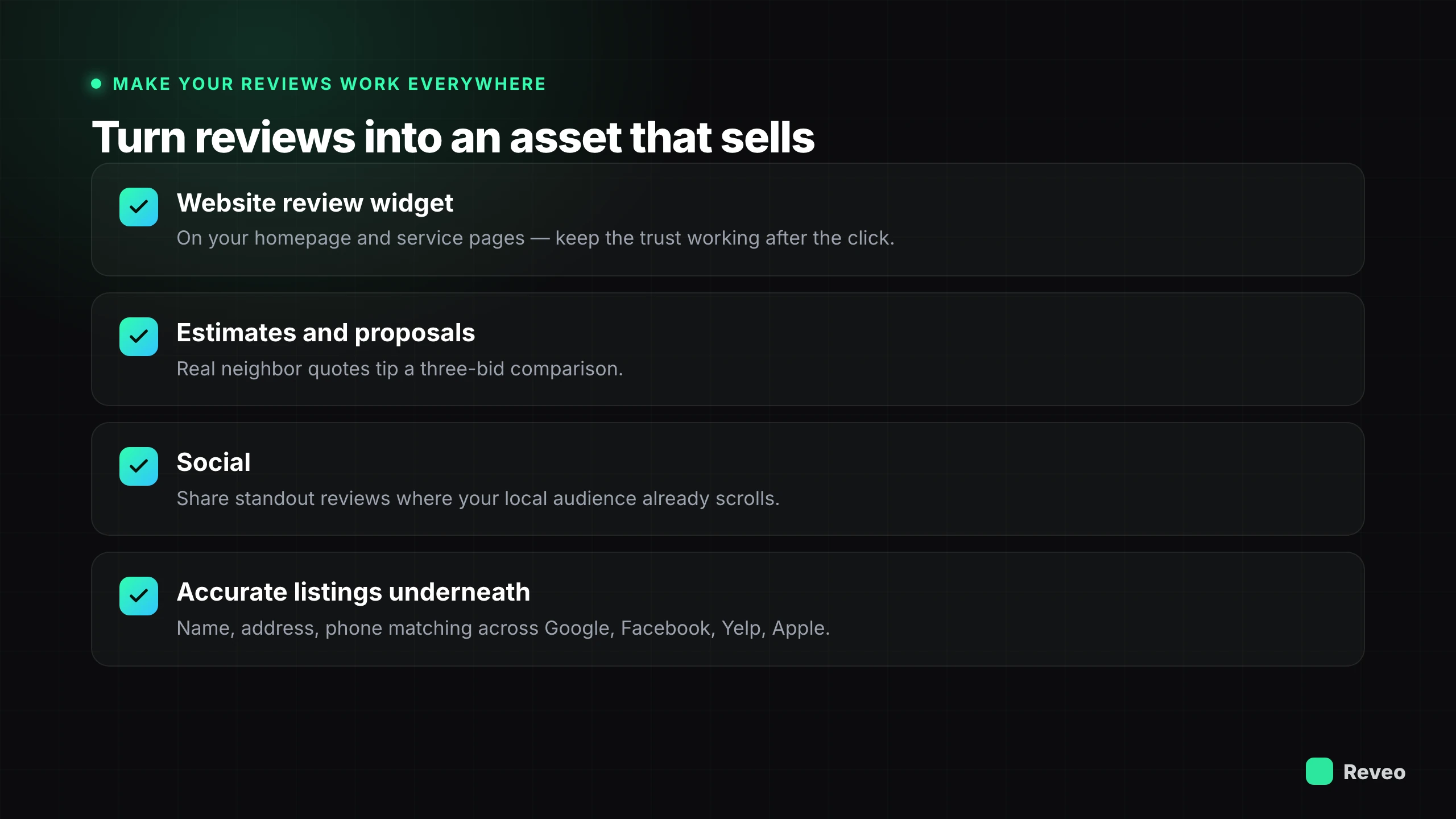 Turn reviews into an asset that sells: website review widget, quotes in estimates and proposals, share on social, keep listings accurate across Google, Facebook, Yelp, Apple