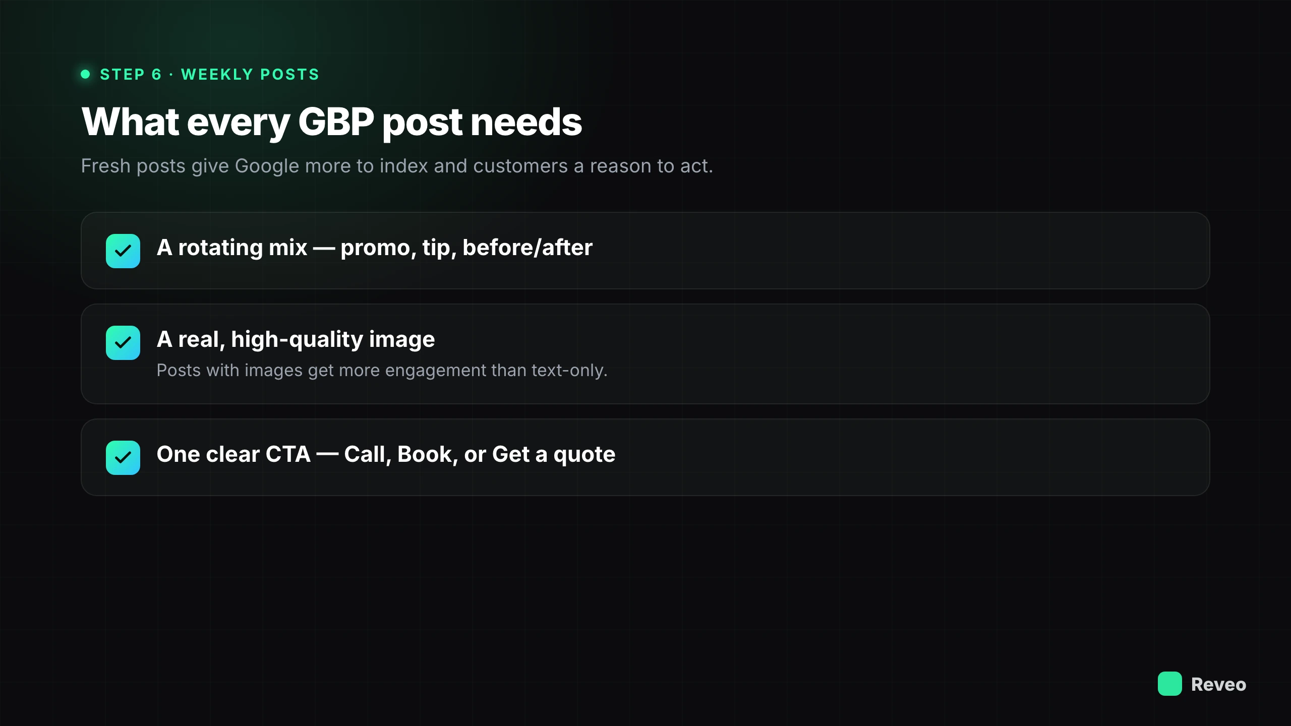 What every Google Business Profile post needs: a rotating mix of promo, tip, and before/after; a real image; one clear call to action