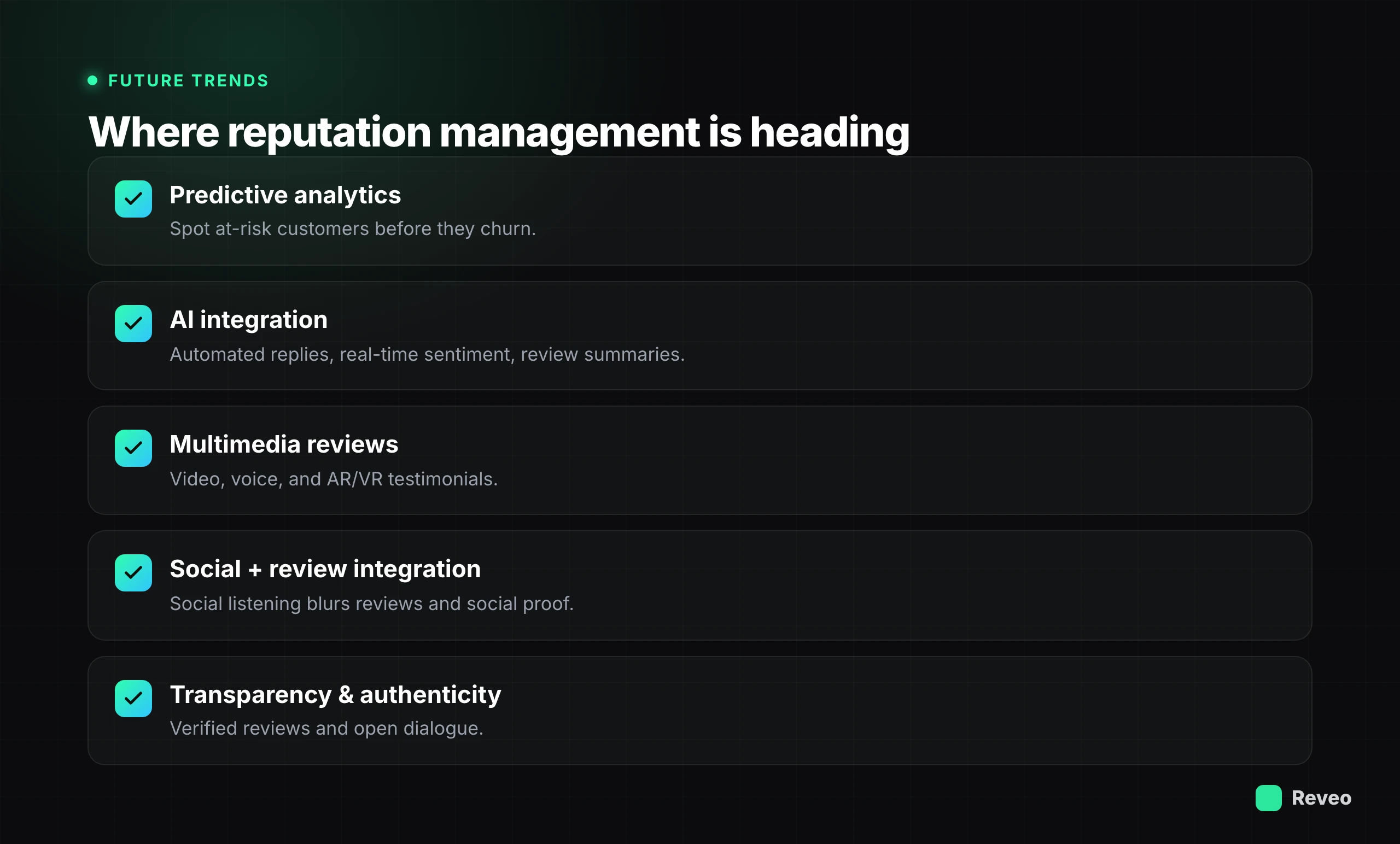 Future reputation-management trends: predictive analytics, AI integration, multimedia reviews, social integration, transparency and authenticity