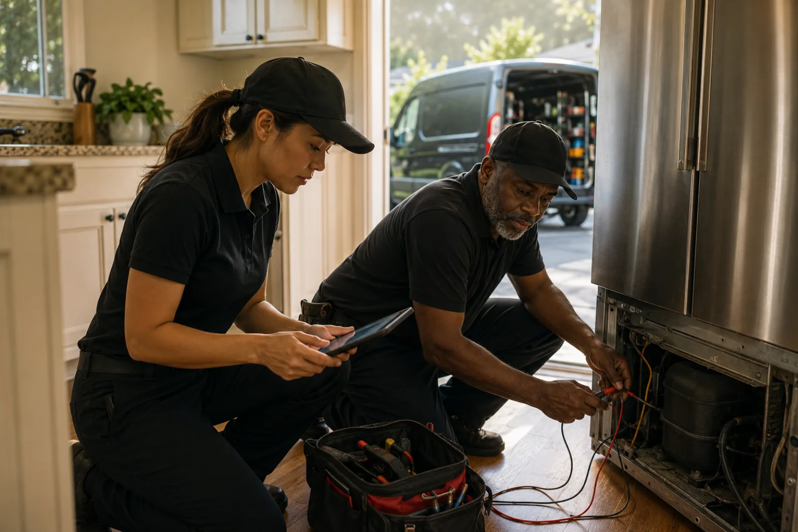 Appliance repair technician explaining service to a homeowner — Reveo