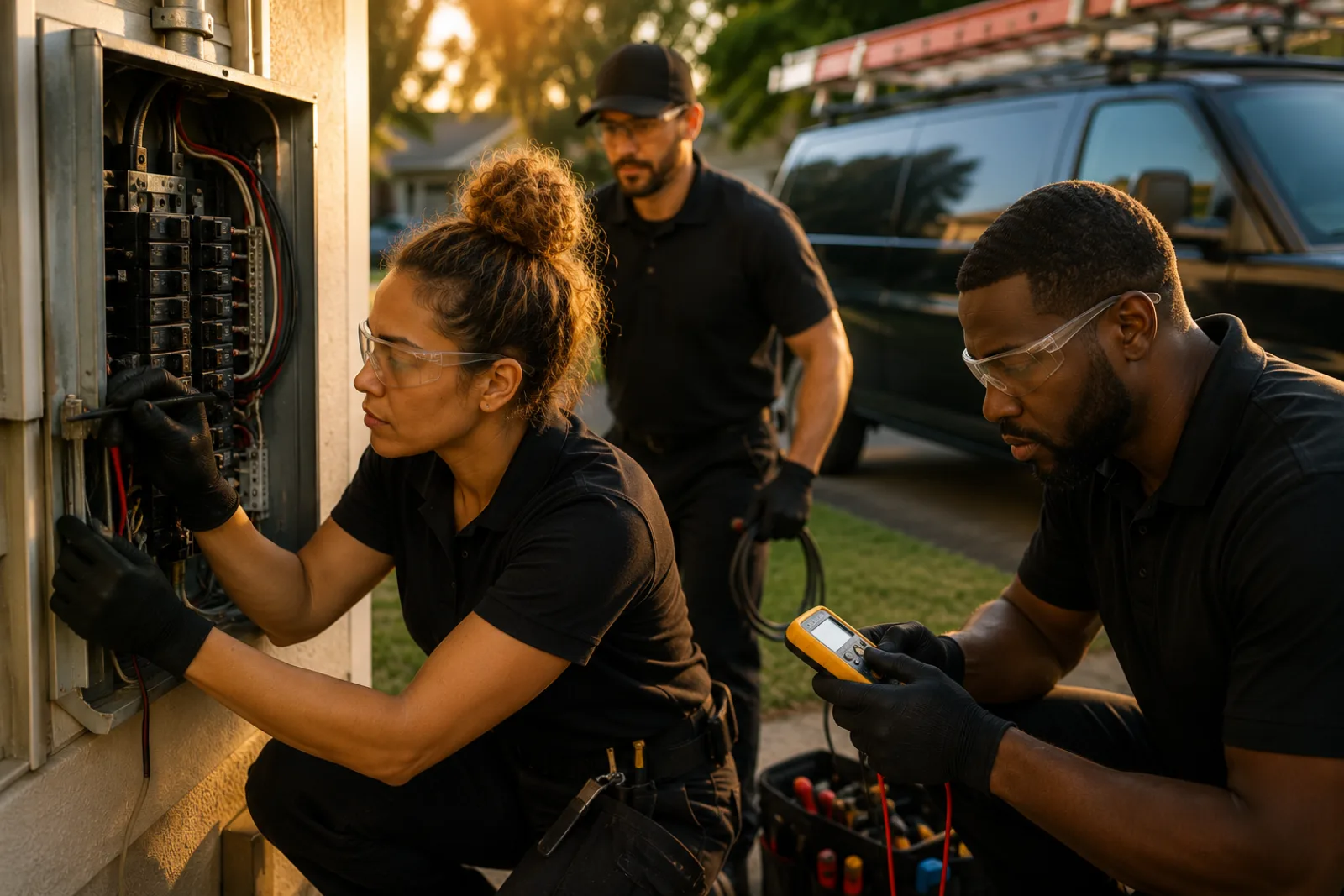 Electrician reviewing work with a homeowner — Reveo