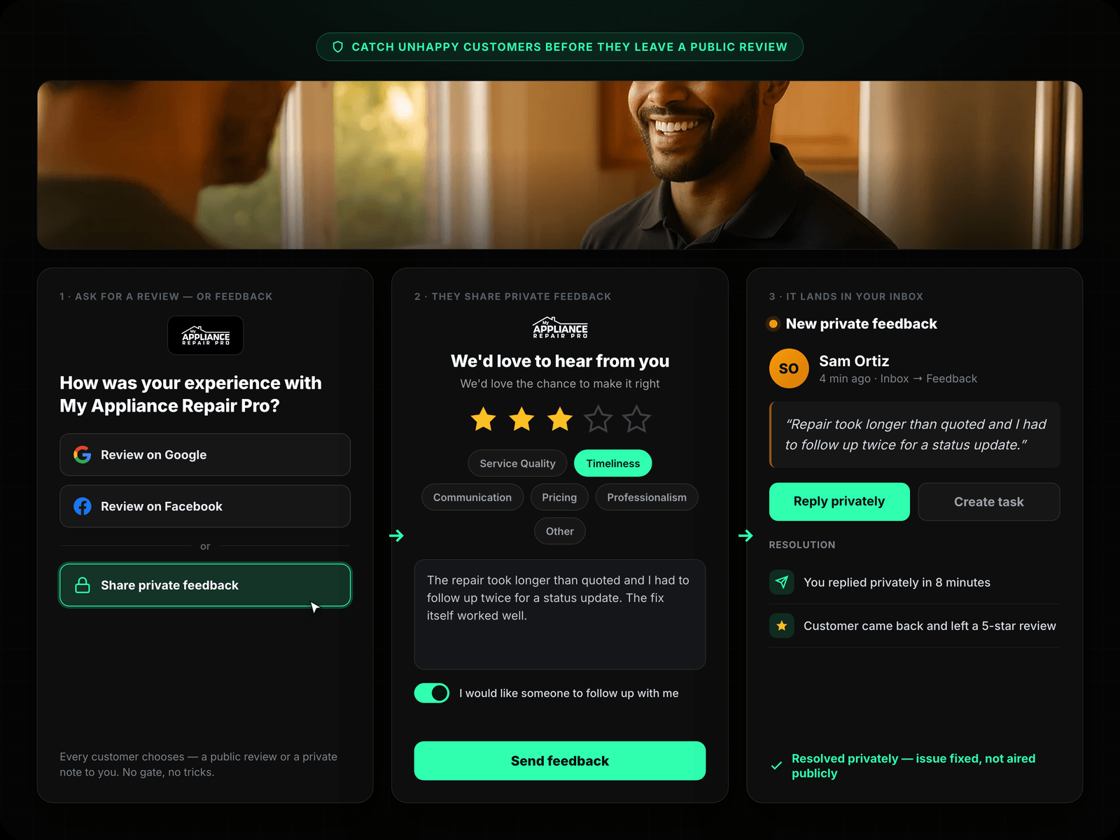 Survey Flow — Rating → Feedback → Review Prompt