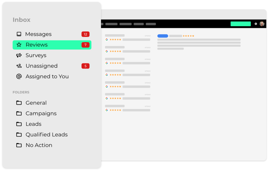 Reveo's Conversations Inbox gives you a fully integrated platform where you can see all communication whether it be messages, reviews, surveys, website leads, or social media messages, all together in one inbox.